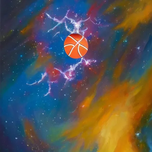 Image similar to an expressive oil painting of a basketball player dunking, depicted as an explosion of a nebula