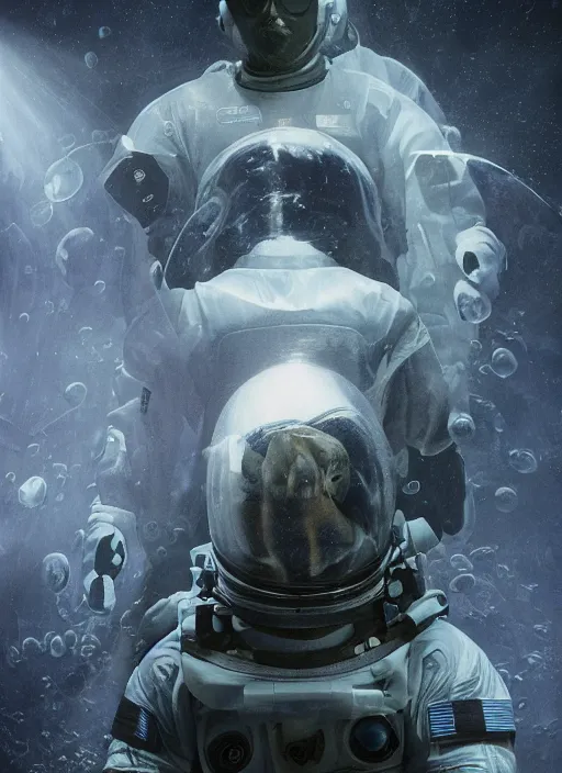 Image similar to astronauts in dark and void underwater - complex and hyperdetailed suit. reflection and dispersion materials. rays and dispersion of light. volumetric light. 5 0 mm, f / 3 2. noise film photo. flash photo. ultra realistic, poster by wayne barlowe, hajime sorayama aaron horkey, craig mullins, smooth plastic
