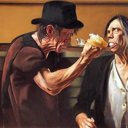 Prompt: Tom Waits and Iggy Pop talking in a pub by Jim Jarmush, oil painting by Caravaggio