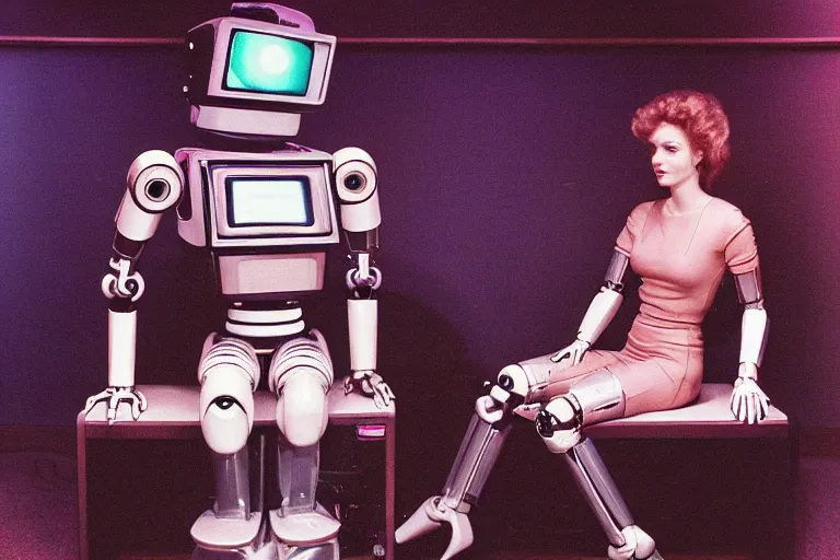 Image similar to beautiful woman robot sitting on a galaxy toilet, from 1985, bathed in the glow of a crt television, tv screens in background, low-light photograph, in style of Tyler Mitchell