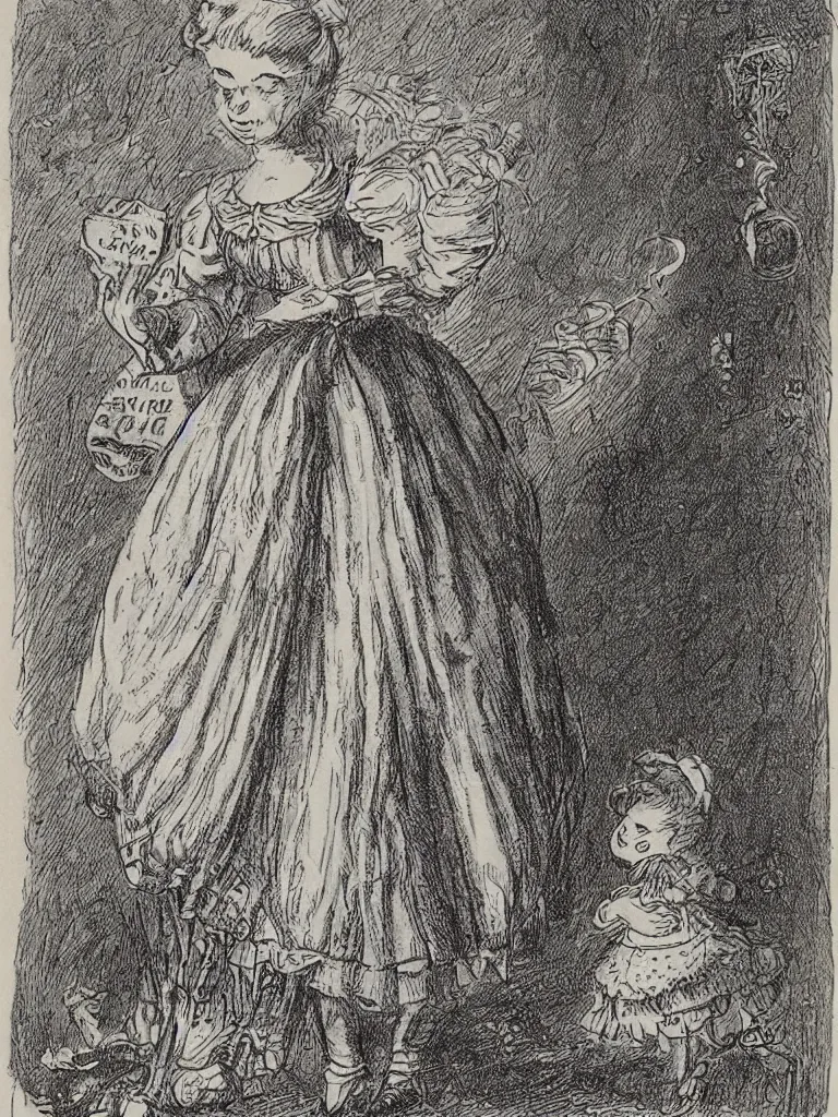 Image similar to Tenniel illustration portrait of Alice, walking in wonderland