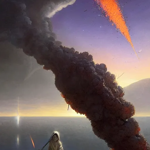Image similar to A digital painting of a meteor containing an insect hive burning up in the atmosphere, Wayne Barlowe Greg Rutkowski Jessica Rossier