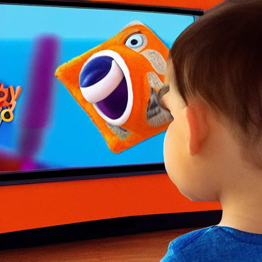 Prompt: baby looking at a tv. blippi is on the tv screen, award winning, cinematic, photorealistic, 8 k