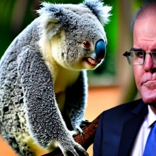 Image similar to scott morrison battles an angry koala over a wad of money