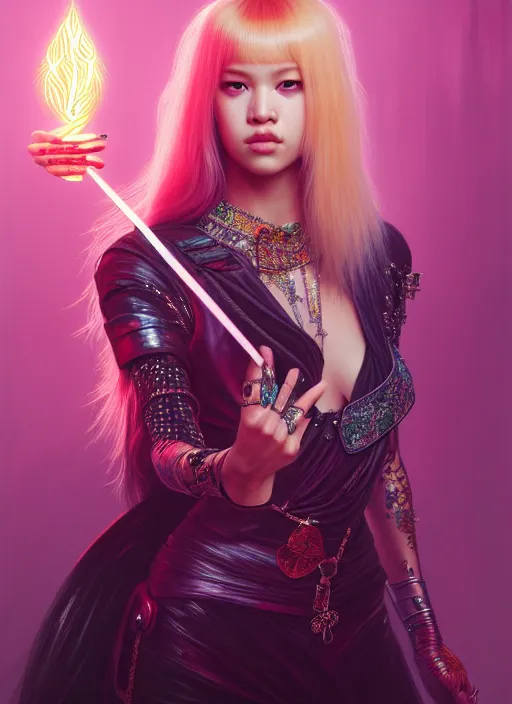 Prompt: jossi of blackpink, queen, tarot card, highly detailed, digital painting, smooth, sharp focus, illustration, ultra realistic, unreal engine, 8 k, art by simon bisley and greg rutkowski and alphonse mucha