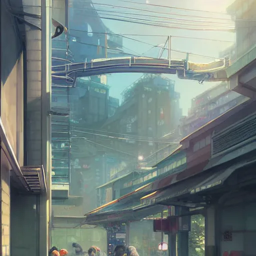 Image similar to i walked through streets around jr tachikawa and tama monorail stations, volumetric lighting, spring early morning, dew, nice weather, realistic illustration, perfectly shaded, soft painting, art by krenz cushart and wenjun lin