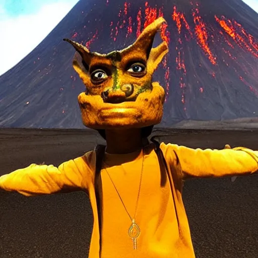 Image similar to “a goblin with brown skin and glowing yellow eyes with a volcano in the background”