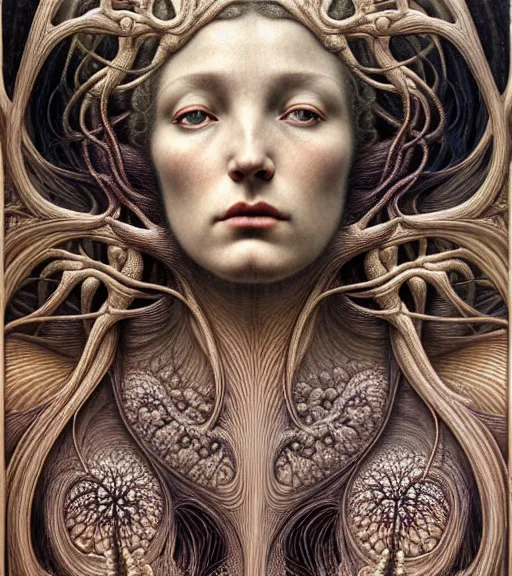 Image similar to detailed realistic beautiful polychromatic goddess face portrait by jean delville, gustave dore, iris van herpen and marco mazzoni, art forms of nature by ernst haeckel, art nouveau, symbolist, visionary, gothic, neo - gothic, pre - raphaelite, fractal lace, intricate alien botanicals, biodiversity, surreality, hyperdetailed ultrasharp octane render