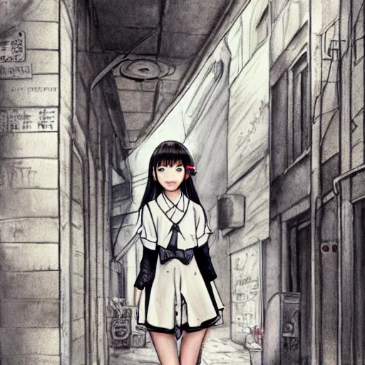 Image similar to a perfect, realistic professional digital sketch of a Japanese schoolgirl posing in a sci-fi alleyway, style of Marvel, full length, by pen and watercolor, by a professional American senior artist on ArtStation, a high-quality hollywood-style sketch, on high-quality paper