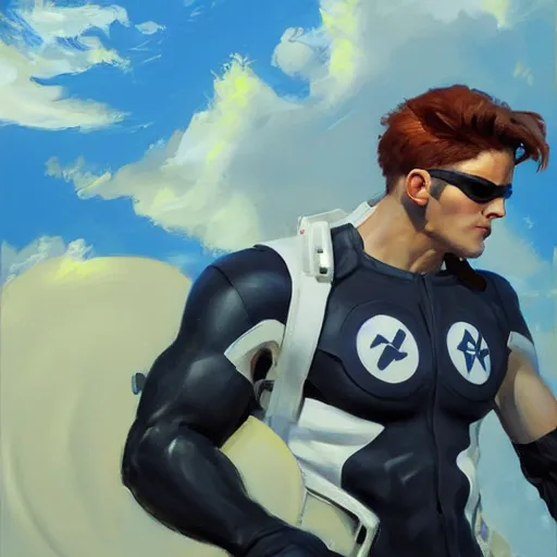 Image similar to greg manchess portrait painting of scott summers aka cyclops as overwatch character, medium shot, asymmetrical, profile picture, organic painting, sunny day, matte painting, bold shapes, hard edges, street art, trending on artstation, by huang guangjian and gil elvgren and sachin teng