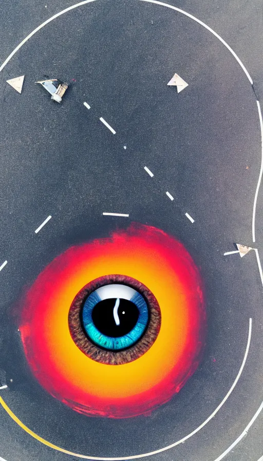 Prompt: photo of a giant eye open on an asphalt road, realistic photo, shot with a gopro, looming, colorful, eerie