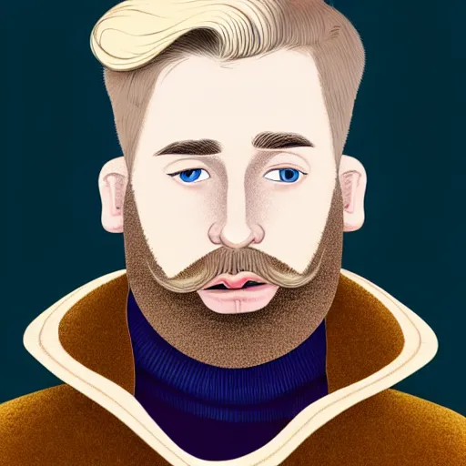 Image similar to A british man, with short blond hair and a very short blond beard wearing a corduroy jacket and turtleneck , blue eyes, pale skin, English heritage, digital art, cartoon, mid-shot, 8k