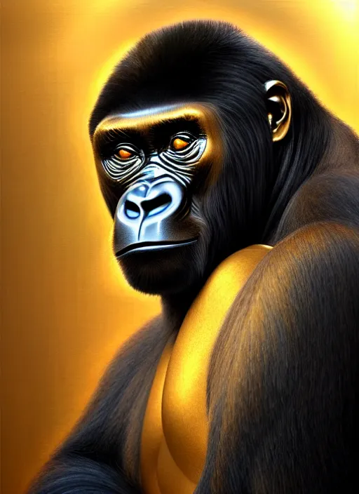 Image similar to dreamlike stunning gorillas god portrait, gold kimono, art by artgerm, wlop, loish, ilya kuvshinov, 8 k realistic, hyperdetailed, beautiful lighting, detailed background, depth of field, symmetrical face, frostbite 3 engine, cryengine,