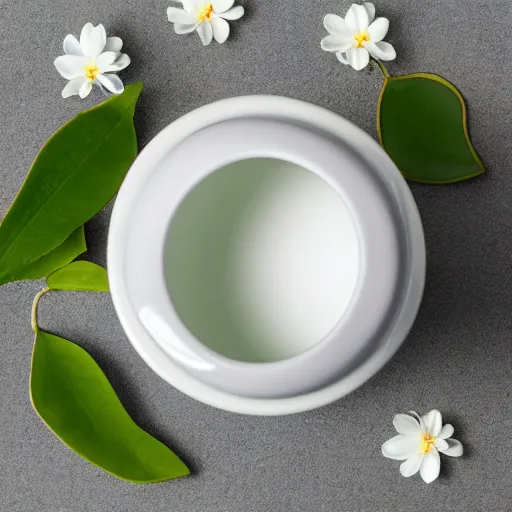 Prompt: ceramic mug surrounded by white flowers, green leaves, and pears, soft zen minimalist, white background, bright, crisp