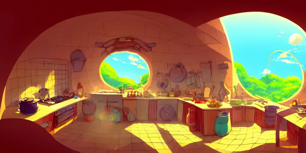 Prompt: naive nerikomi, weird perspective, cel shading, detailed illustration of a kitchen dim lit in a scenic spiral environment from lorax movie, trending artstation