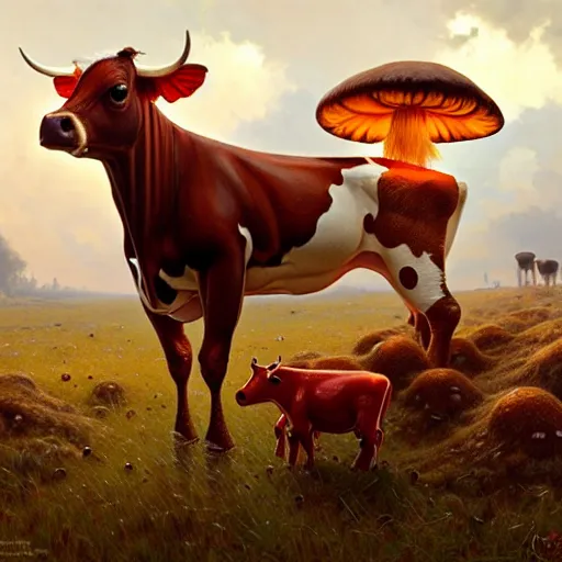 Prompt: many mushrooms sprouting from a cow's back. a cow with a red skin with white dots. highly detailed, digital painting, artstation, smooth, sharp focus, masterpiece, illustration, art by greg rutkowski and alphonse mucha