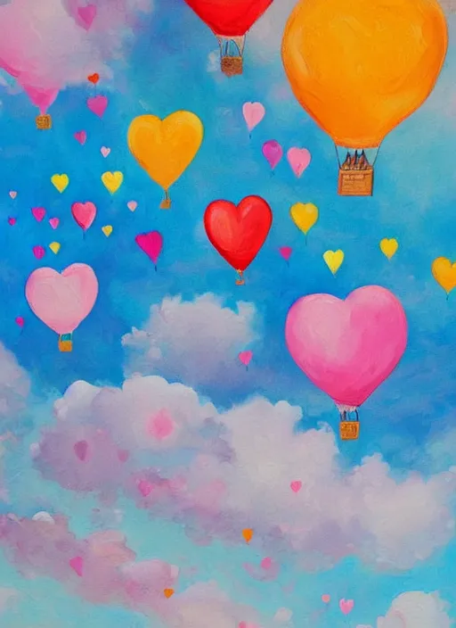 Image similar to detailed painting that is beautiful and whimsical with cotton candy clouds and balloon hearts and flowers inside