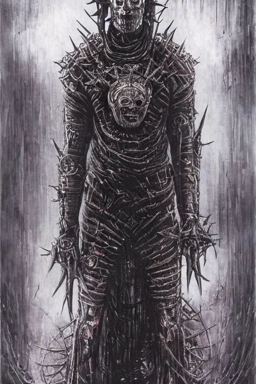 Image similar to portrait of pinhead hellraiser cenobite by hr giger, greg rutkowski, luis royo and wayne barlowe as a diablo, resident evil, dark souls, bloodborne monster