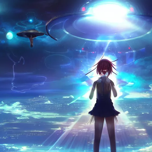 feeling free and flying, anime girl flying over a city, peaceful manga  artwork, generative ai technology Stock Illustration