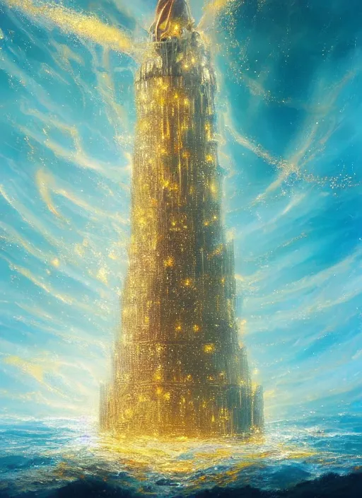 Image similar to a delicate sparkling gold fantasy tower splashes upwards from a turbulent ocean, dramatic lighting, rich colors, sunlight shimmering off the tower and the water and the spray, beautiful oil painting trending on artstation