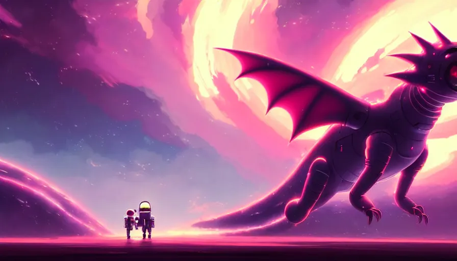 Image similar to a still of a cute kawaii astronaut android riding a large neon kaiju dragon, nebulous background of dynamic space, a dramatic composition by wlop and greg rutkowski and makoto shinkai and studio ghibli and kyoto animation, highly detailed, digital painting, matte