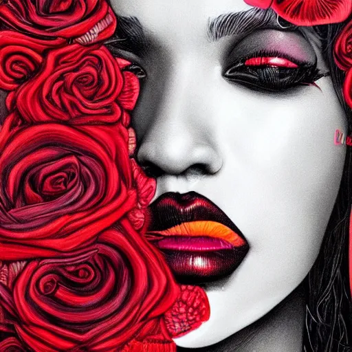 Prompt: beautiful black woman 👩🏿‍🦳 with🌹red flowers for hair, intense colours, vibrant and vivid, Digital art, hyper detailed, opulent, hyper realistic, bizarre, 8k