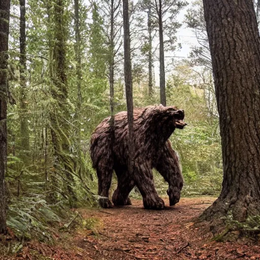 Image similar to large creature in the woods, hiding behind trees.