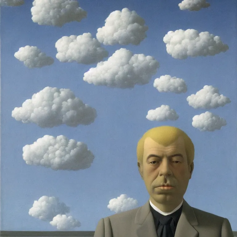 Image similar to portrait of a cloud faced man, by rene magritte, centered, detailed painting, hd, hq, high resolution, high detail, 4 k, 8 k