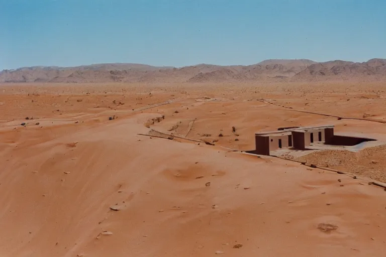 Image similar to film still of monumental gigantic post human building in the desert, by Étienne-Louis Boullée ektachrome full-HD