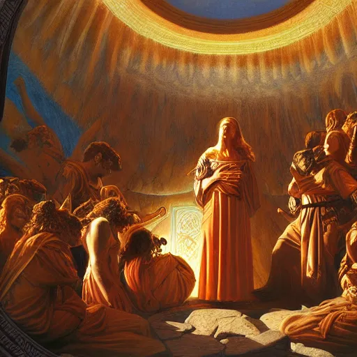 Image similar to Homeric mesmerizing inner sanctum of the most venerable and beautiful truth, in the style of Jeff Easley, Grant Wood, Ken Kelly, Élisabeth Vigée Le Brun, dramatic lighting, establishing shot, detailed and realistic faces, 8k resolution – W 1024