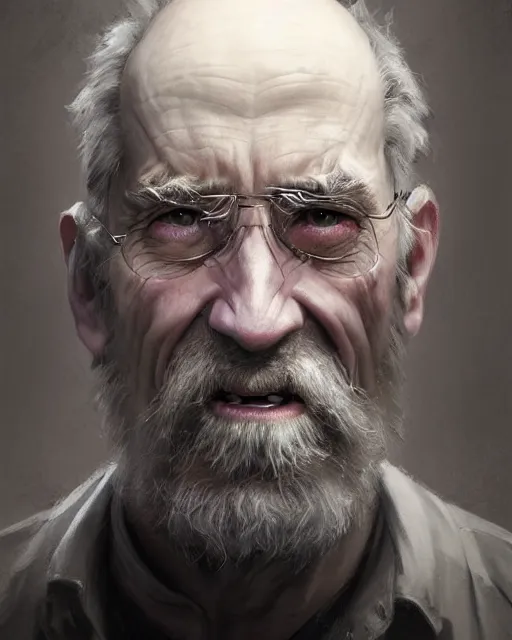 Image similar to epic portrait cinematic shot an crazy scientist smilling wide with wide eyes, creepy, old man, long sharp nose, sharp jaw, gray hair, fine details. night setting. realistic shaded lighting poster by craig mullism, artgerm, jeremy lipkin and michael garmash, unreal engine, radiant light, detailed and intricate environment, digital art, trending on art station,