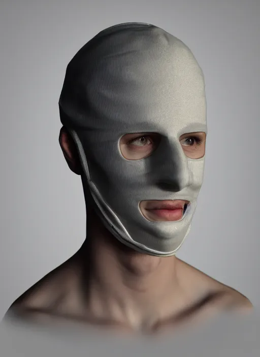 Image similar to raw 3 d model of a european young man covering face with fabric mask, untextured, ultrarealistic, trending on artstation, extremely detailed
