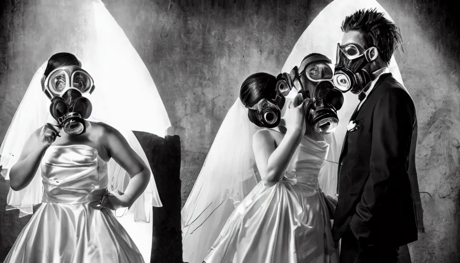 Image similar to disturbing big budget hollywood movie bride and groom wearing gas masks at the marriage of reason and squalor perfect composition dramatic lighting chiaroscuro