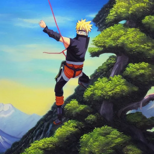 Prompt: naruto climbing a mountain from the distance, oil painting, artistic