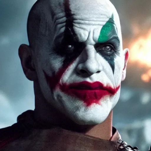 Image similar to film still of kratos as the joker in the new batman movie