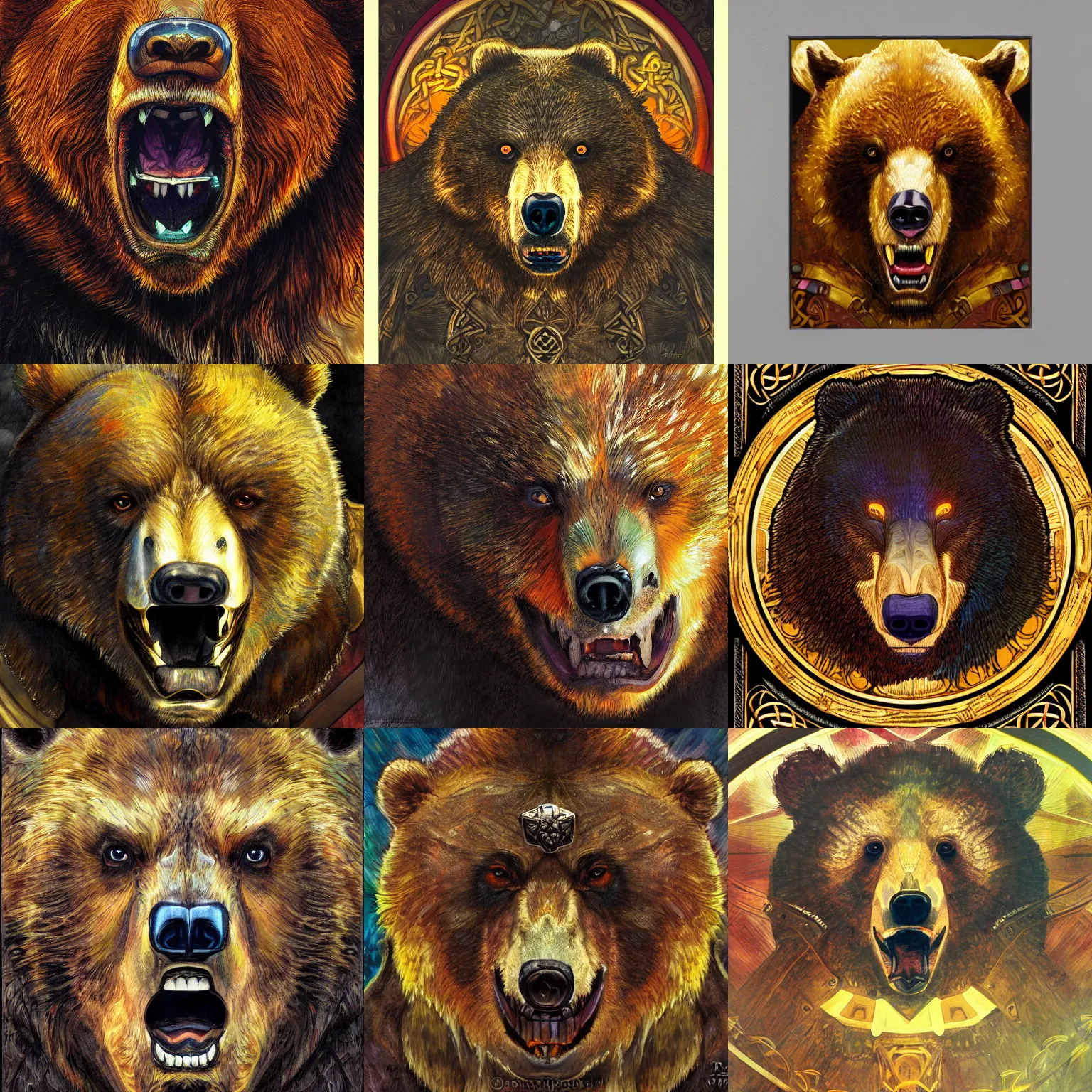 Prompt: portrait close - up of a growling angry bear, symetry, fantasy, digital painting, marvel comics, celtic golden symbols, rutkowski, alfons mucha