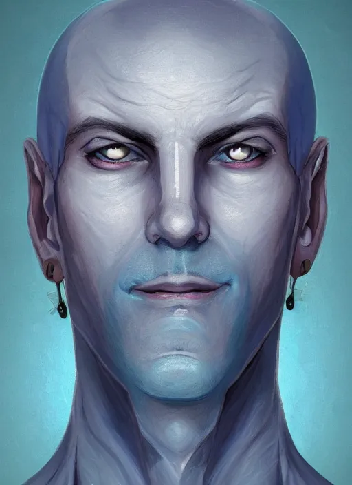 Image similar to head-on symmetrical centered painted portrait, a smiling bald and clean shaven androgynous man with completely blue skin in his twenties as a D&D wizard, fantasy, intricate, elegant, highly detailed, digital painting, smooth, sharp focus, illustration, artstation, in the style of Artgerm and Anna Podedworna and Charlie Bowater and Michael Garmash