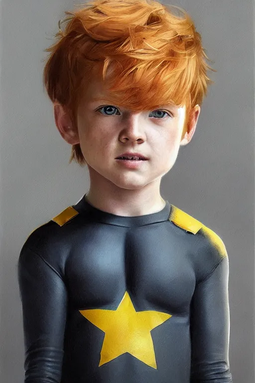 Image similar to a little boy with a michievous face and ginger hair. he is dressed as a superhero. clean elegant painting, beautiful detailed face. by artgerm and greg rutkowski