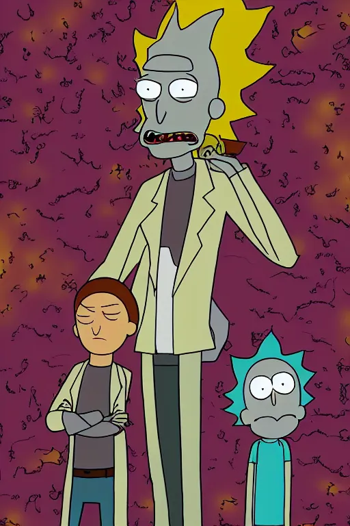 Prompt: a kodak photograph of rick and morty, creepy aesthetic,