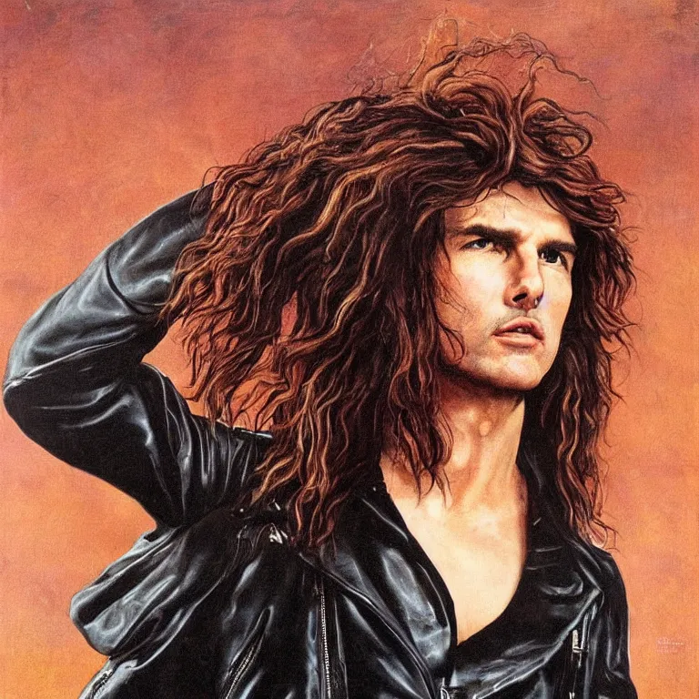 Prompt: Pre-Raphaelite portrait of Tom Cruise as the leader of a cult 1980s heavy metal band, with very long blonde hair, wearing a black leather jacket. ultra high saturation