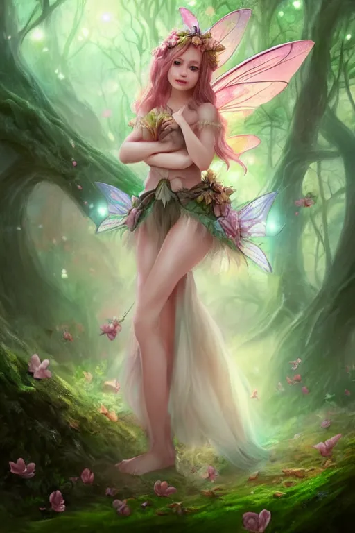 Image similar to a cute fairy in the dreamy forest, fantasy, 8 k resolution, hyper detailed, d & d, character design, digital painting, trending on artstation, sharp focus, illustration, art by artgerm, steve zheng, fuji choko, viktoria gavrilenko, hoang lap