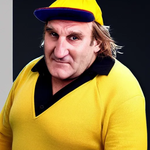 Image similar to Gérard Depardieu as Wario, yellow overall, yellow cap