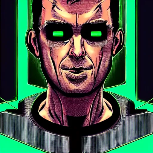 Image similar to “portrait of main character of Neuromant book on his face VR set, high detailed, wide and straight in face angle, in the background big mainframe with python code running on it(black and green color) many wires. volumetric light, epic light, by Steve Dillon, Glenn Fabry, Matt Hollingsworth, Pamela Rambo in style of Preacher comics(1995-2000)”