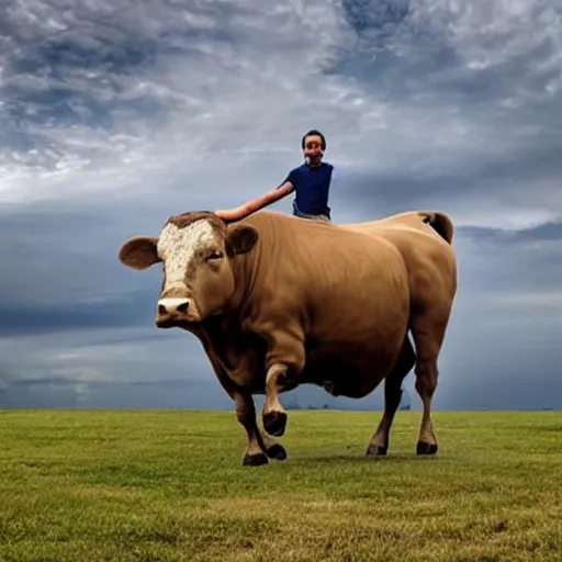 Prompt: a man riding a peaceful looking bull