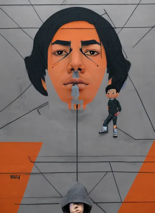 Prompt: symmetry!! portrait of a tan boy with black hair and gray hoodie by sachin teng, organic, cables, matte painting, geometric shapes, hard edges! graffiti, street art