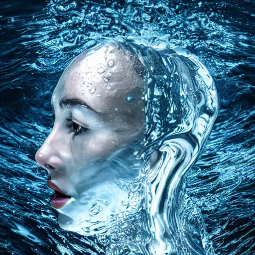 Image similar to water artwork manipulation in the shape of a human head, on the ocean water, ray tracing, realistic water sharp focus, long shot, 8 k resolution, cinematic, amazing water art, cgsociety, surreal water art