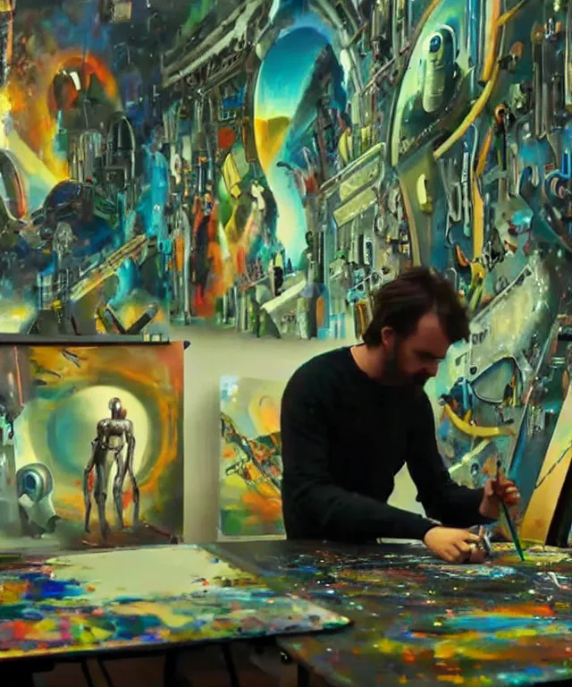 Prompt: photo of futuristic holy futuristic cyborg-robot-painter-artist creating a painting with acrylic paint and brushes in a futuristic artist studio. masterpiece, still from a 2021 movie by Terrence Malick, Tarkovsky, Gaspar Noe, James Cameron,