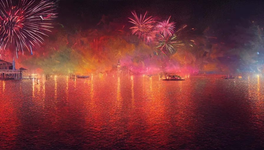 Image similar to Digital painting of fireworks in Venice by night, wide view, volumetric light, hyperdetailed, artstation, cgsociety, 8k