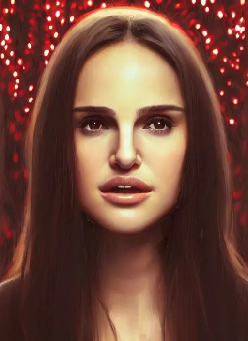 Image similar to portrait of teenage natalie portman, long haircut, flowing dark hair, white shirt, red tie, smiling kindly, forest at background, 1 9 8 0 s, intricate, elegant, glowing lights, highly detailed, digital painting, artstation, concept art, smooth, sharp focus, illustration, art by wlop, mars ravelo and greg rutkowski