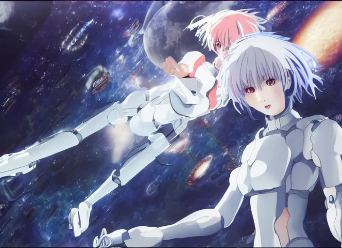 Image similar to This is a digital art piece by Yoshiyuki Sadamoto that is trending on artstation. It is a 8K UHD image of Rei Ayanami, a female anime character, inside a space station with technological rings. She is shot from the ground by Yoshiyuki Sadamoto. The environment is a concept design and the art is hyper realistic with intricate details.